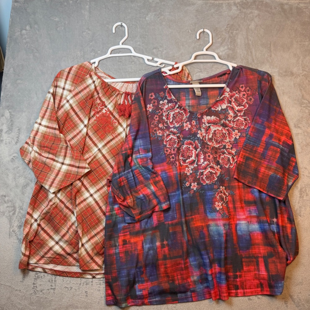 Catherines Top Womens 4X Red Purple Plaid Floral Rhinestone V-Neck Knit Blouse